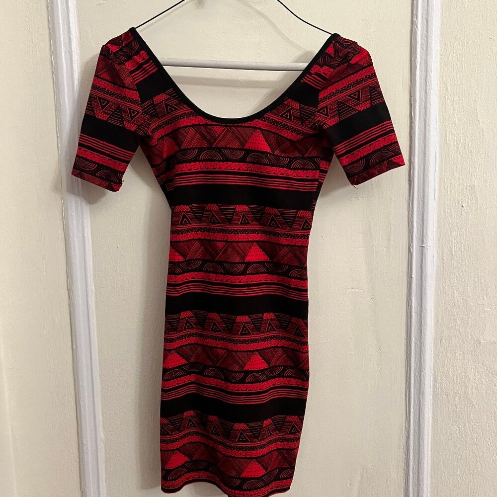 American Apparel Red and Black Tribal Print Short Sleeve Bodycon Dress XS